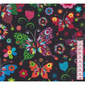 Színes pillangók (fekete) pamutvászon