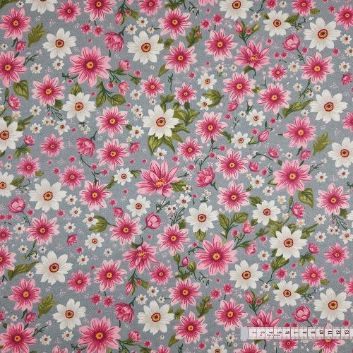 Virágok szürke alapon pamutvászon