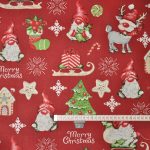 Karácsonyi manók és szarvasok (bordó) dekorszövet